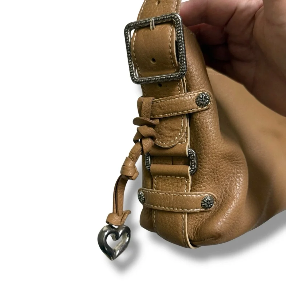Vintage BRIGHTON Leather Latte Vivica Zip Top Hobo Bag‎ w/Silvertone Accents